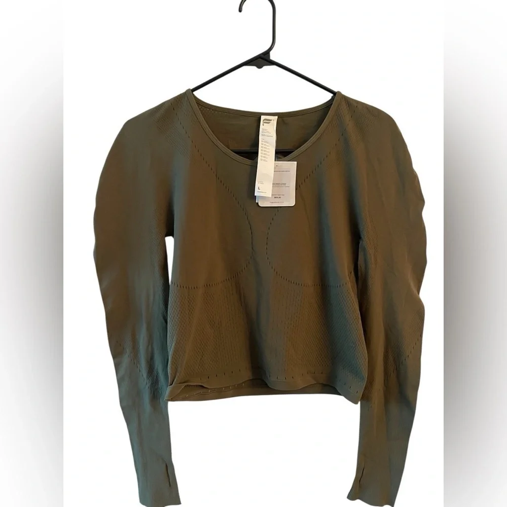 Fabletics Seamless Sculpt Long Sleeve Crop Top Olive Green Workout Top L NWT